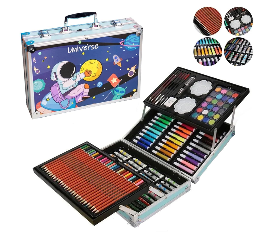 space theme suitcase set 145 Pieces Space Art & Craft Painting Box - Suitcase Shape Art, Painting- Sketching, Stationary, Water Colors Vanity Box - All in 1 Art Case For Boys Girls Children Birthday Gift - Availiable Design Send - Image 1
