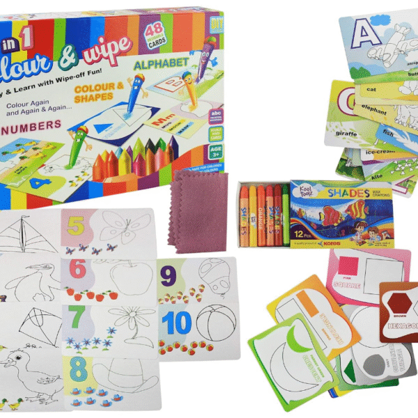 4 in 1 Colour & Wipe Kit 48 reusable cards | Crayons kit coloring and learning education | child creativity development Toy â€“ 3 Years above Kids