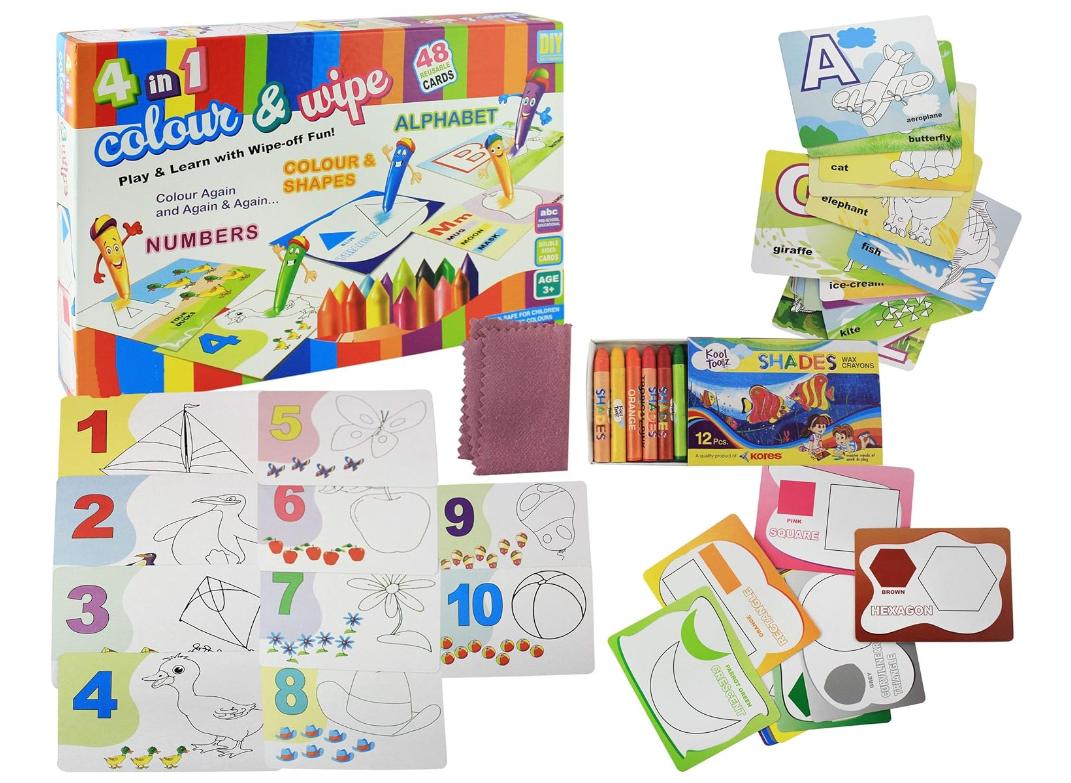 4 in 1 colour wipe 4 in 1 Colour & Wipe Kit 48 reusable cards | Crayons kit coloring and learning education | child creativity development Toy – 3 Years above Kids - Image 1