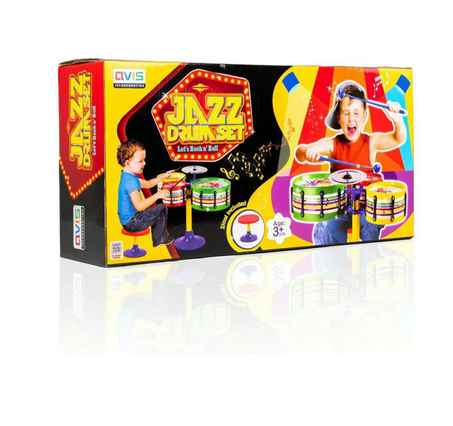drum set Jazz Drum Set Senior Musical Band Instruments with 3 Drums, 1 Dish, 1 Stool & Sticks for Kids (Assorted Colors & Designs) - Image 1