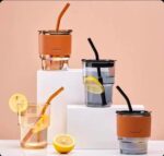 Glass Sipper Bottle with Leather Sleeve with Silicone Straw 400ml - Image 5