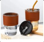 Glass Sipper Bottle with Leather Sleeve with Silicone Straw 400ml