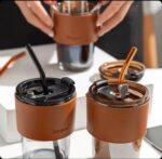 Glass Sipper Bottle with Leather Sleeve with Silicone Straw 400ml - Image 2