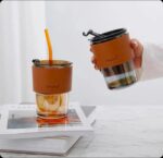 Glass Sipper Bottle with Leather Sleeve with Silicone Straw 400ml - Image 3