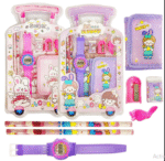 7 Pcs Stationery Set Toy for Kids - School Supply Kit with Pencil, Eraser, Sharpener, Wrist Watch and Purse - Birthday Return Gift - Color and Design As Per Stock