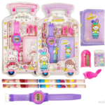 7 Pcs Stationery Set Toy for Kids - School Supply Kit with Pencil, Eraser, Sharpener, Wrist Watch and Purse - Birthday Return Gift - Color and Design As Per Stock