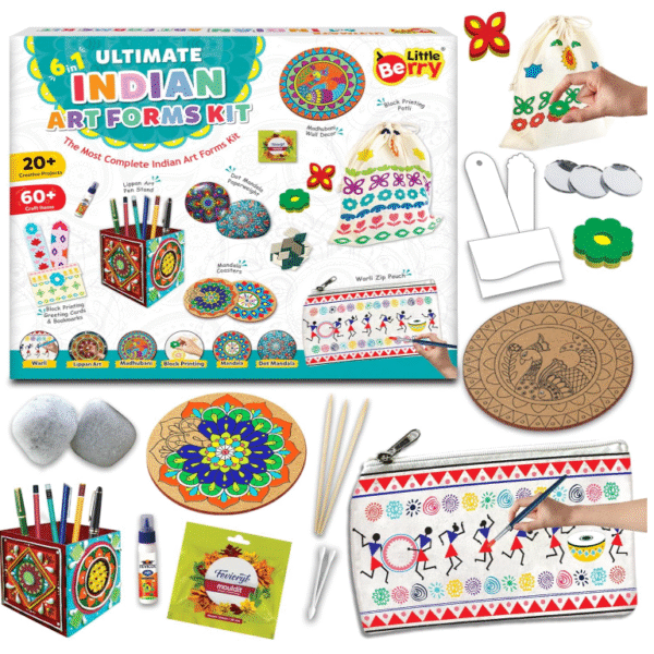 Little Berry Indian Art Forms Kits | Paper, Wood Ultimate 6 in 1 DIY Art & Craft Kit for Kids | Create 20+ Projects | Learn Lippan, Warli, Block Printing, Mandala & Madhubani Painting Kit | DIY Toys