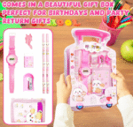 Case Creation Kids Stationery Gift Set 7 Pieces Includes School Supply 2 Pencil, 1 Pencil Gripper, 1 Eraser, 1 Sharpener, 1 Wrist Watch,1 Wallet in Trolley Design Case, Birthday Return Gift - Girls