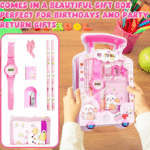 Case Creation Kids Stationery Gift Set 7 Pieces Includes School Supply 2 Pencil, 1 Pencil Gripper, 1 Eraser, 1 Sharpener, 1 Wrist Watch,1 Wallet in Trolley Design Case, Birthday Return Gift - Girls