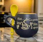 Ceramic Coffee Mug with Spoon – Stylish Black & Yellow Cup for Tea, Cappuccino, Espresso – Embossed Design, Unique Gift for Coffee Lovers Colour May Vary