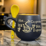 Ceramic Coffee Mug with Spoon – Stylish Black & Yellow Cup for Tea, Cappuccino, Espresso – Embossed Design, Unique Gift for Coffee Lovers Colour May Vary