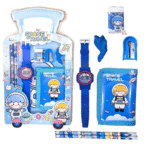 Case Creation Kids Stationery Gift Set 7 Pieces Includes School Supply 2 Pencil, 1 Pencil Gripper, 1 Eraser, 1 Sharpener, 1 Wrist Watch,1 Wallet in Trolley Design Case, Birthday Return Gift - Boys