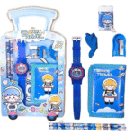 Case Creation Kids Stationery Gift Set 7 Pieces Includes School Supply 2 Pencil, 1 Pencil Gripper, 1 Eraser, 1 Sharpener, 1 Wrist Watch,1 Wallet in Trolley Design Case, Birthday Return Gift - Boys
