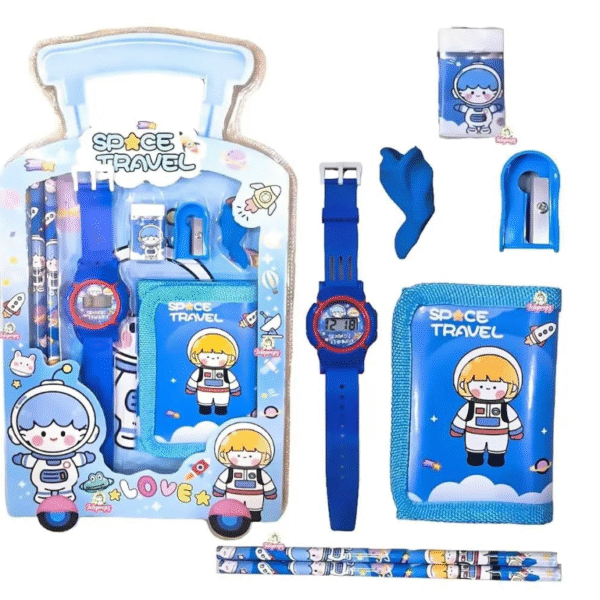 Case Creation Kids Stationery Gift Set 7 Pieces Includes School Supply 2 Pencil, 1 Pencil Gripper, 1 Eraser, 1 Sharpener, 1 Wrist Watch,1 Wallet in Trolley Design Case, Birthday Return Gift - Boys