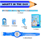 Case Creation Kids Stationery Gift Set 7 Pieces Includes School Supply 2 Pencil, 1 Pencil Gripper, 1 Eraser, 1 Sharpener, 1 Wrist Watch,1 Wallet in Trolley Design Case, Birthday Return Gift - Boys - Image 4